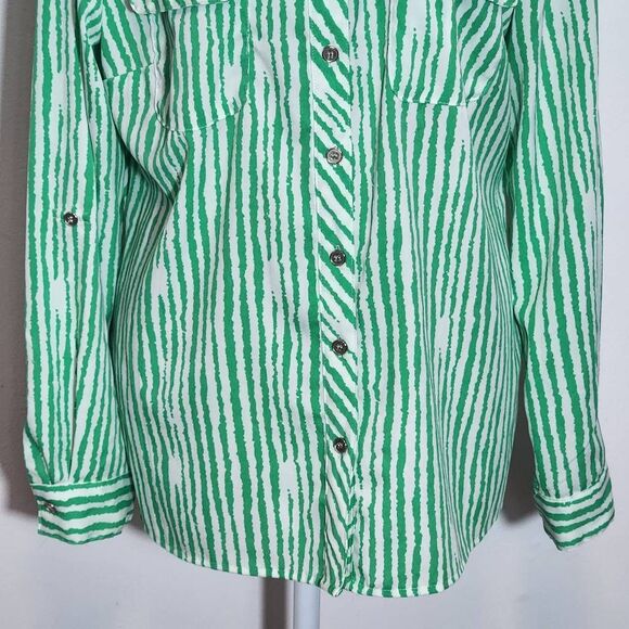 Notations Green and White Stripe Button Down Blouse Size Medium Green Camp Shirt - Picture 4 of 8